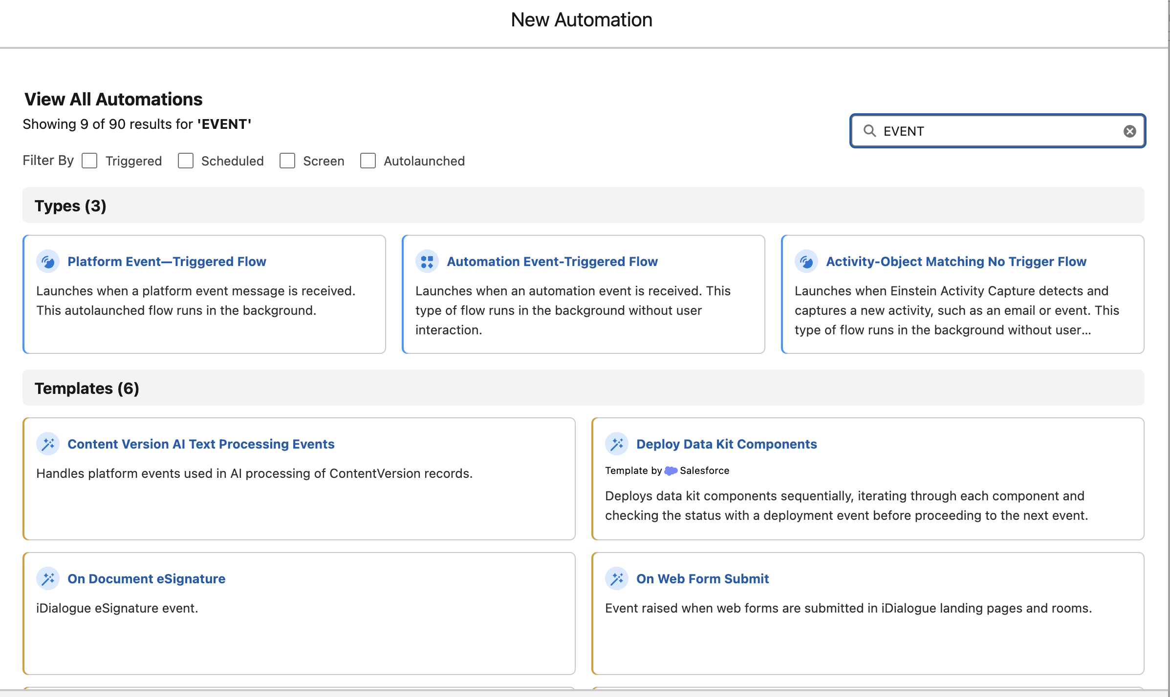Choose an Automation Event-Triggered Flow or Platform Event-Triggered Flow for OCR Agent processing