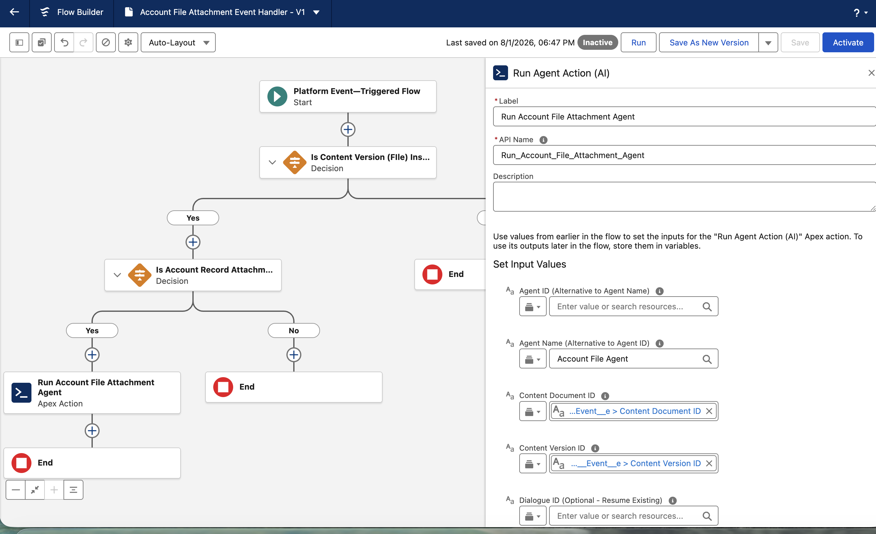 Configure Run Agent from an iDialogue ContentVersion platform event