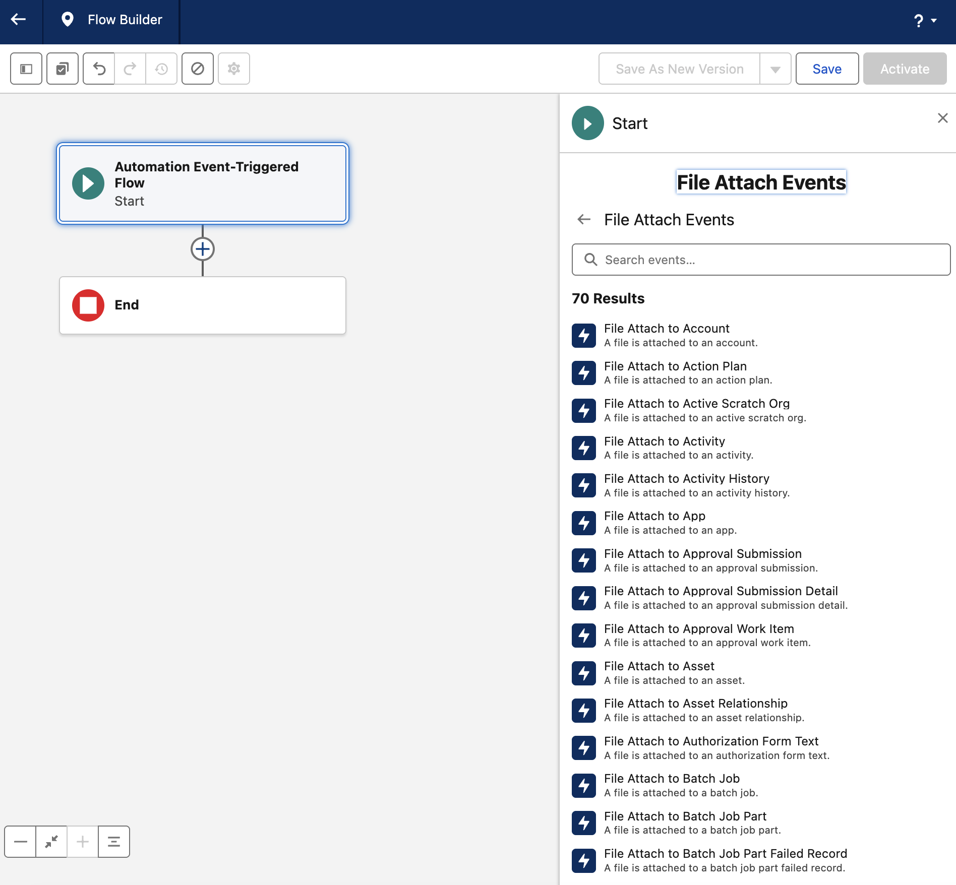 Select an object-specific Salesforce File Attach automation event