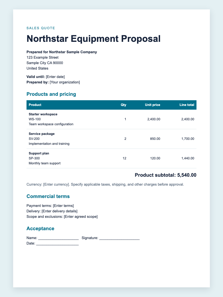 Preview of the Quote template with fictional products and prices