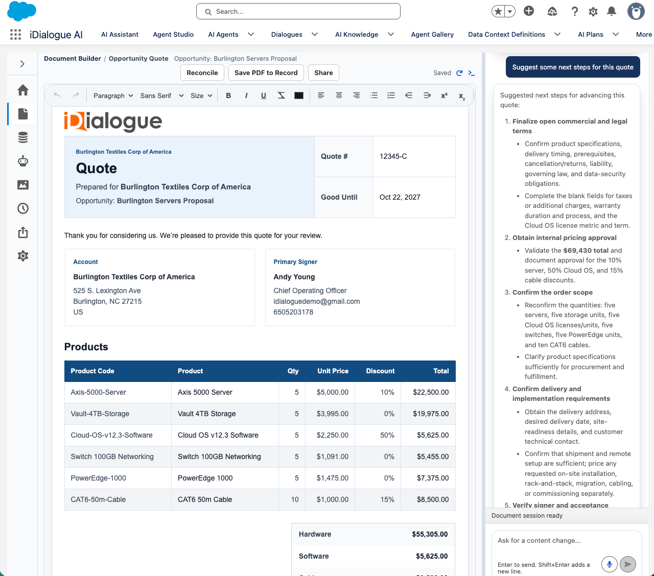iDialogue generating a customer-ready document from Salesforce context.