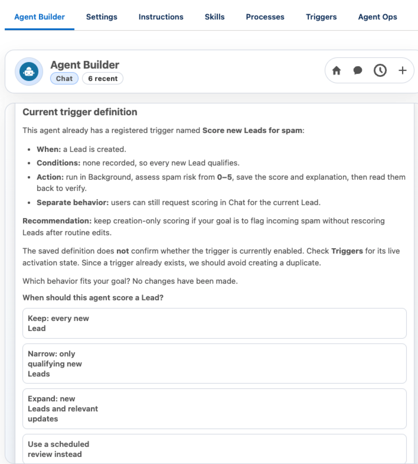 Agent Builder asks when the Lead Scoring Agent must run