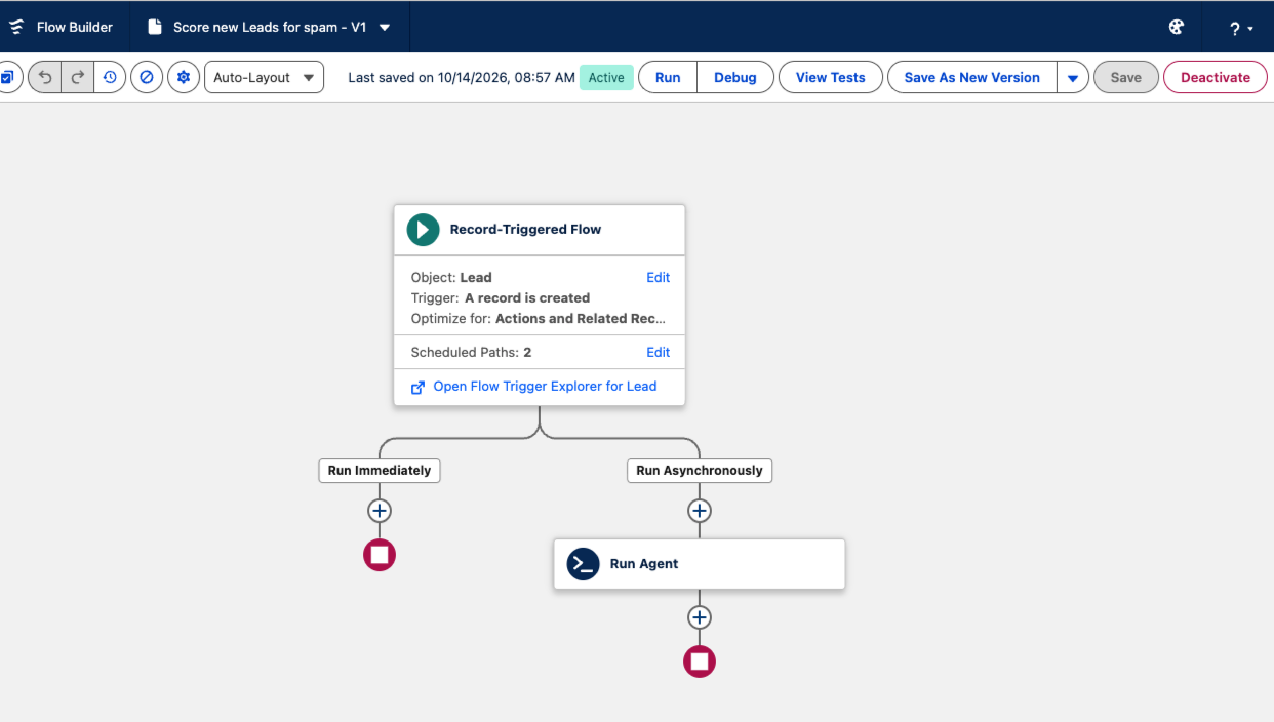 Salesforce Flow Builder shows an active Lead record trigger with a Run Agent action
