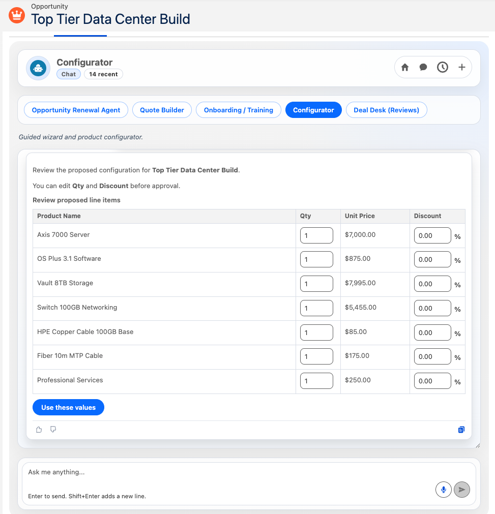 Salesforce Opportunity page showing a Dialogue Script Cards form in the Configurator Agent
