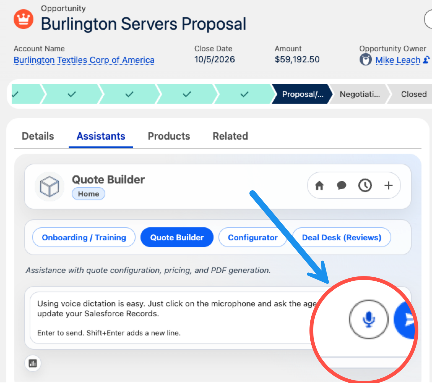 Salesforce Opportunity page with the iDialogue Quote Builder microphone button highlighted