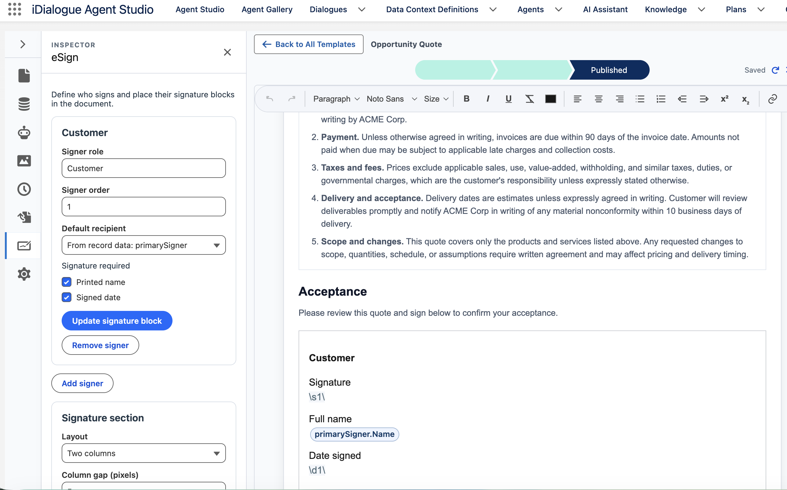 Document Builder eSign settings for one signer and the quote signature block