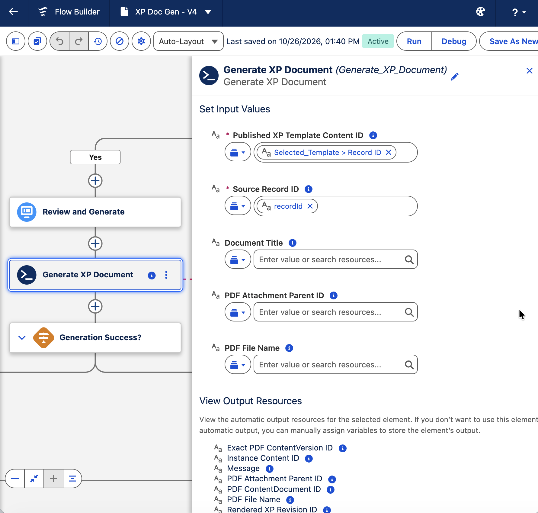 Generate XP Document inputs and stored outputs in Salesforce Flow Builder