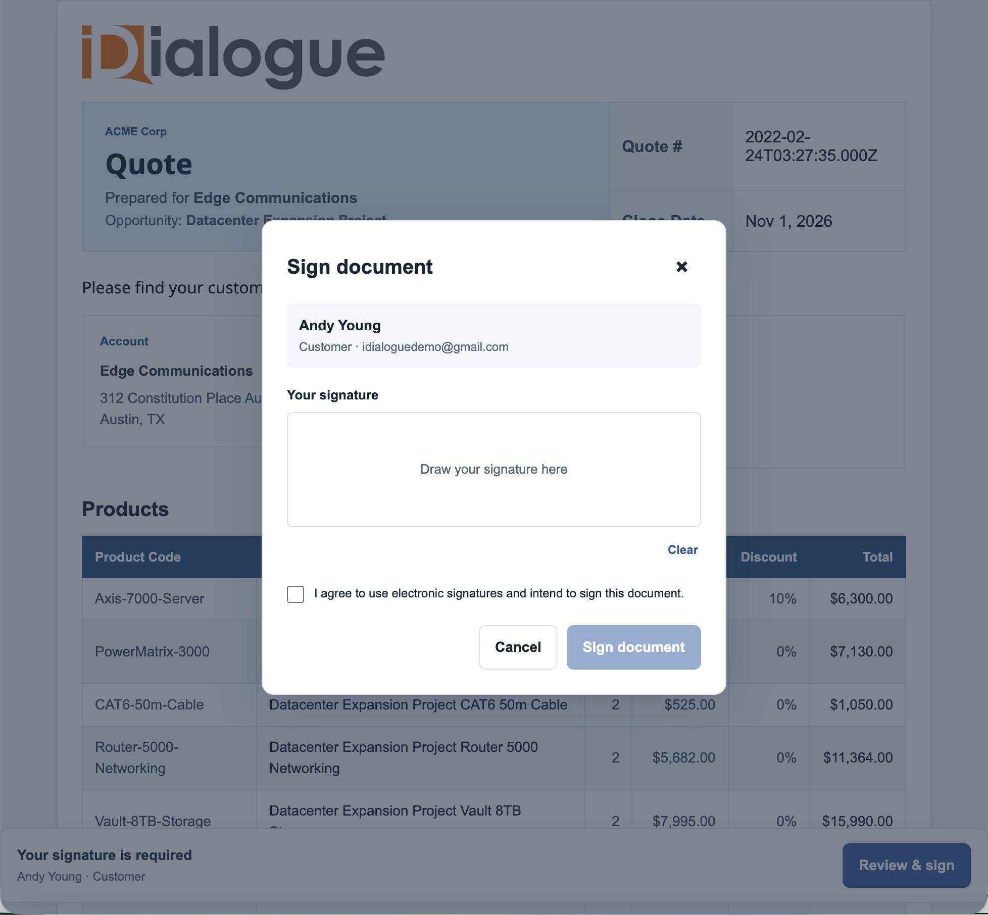 Contact reviewing the quote and its signature fields
