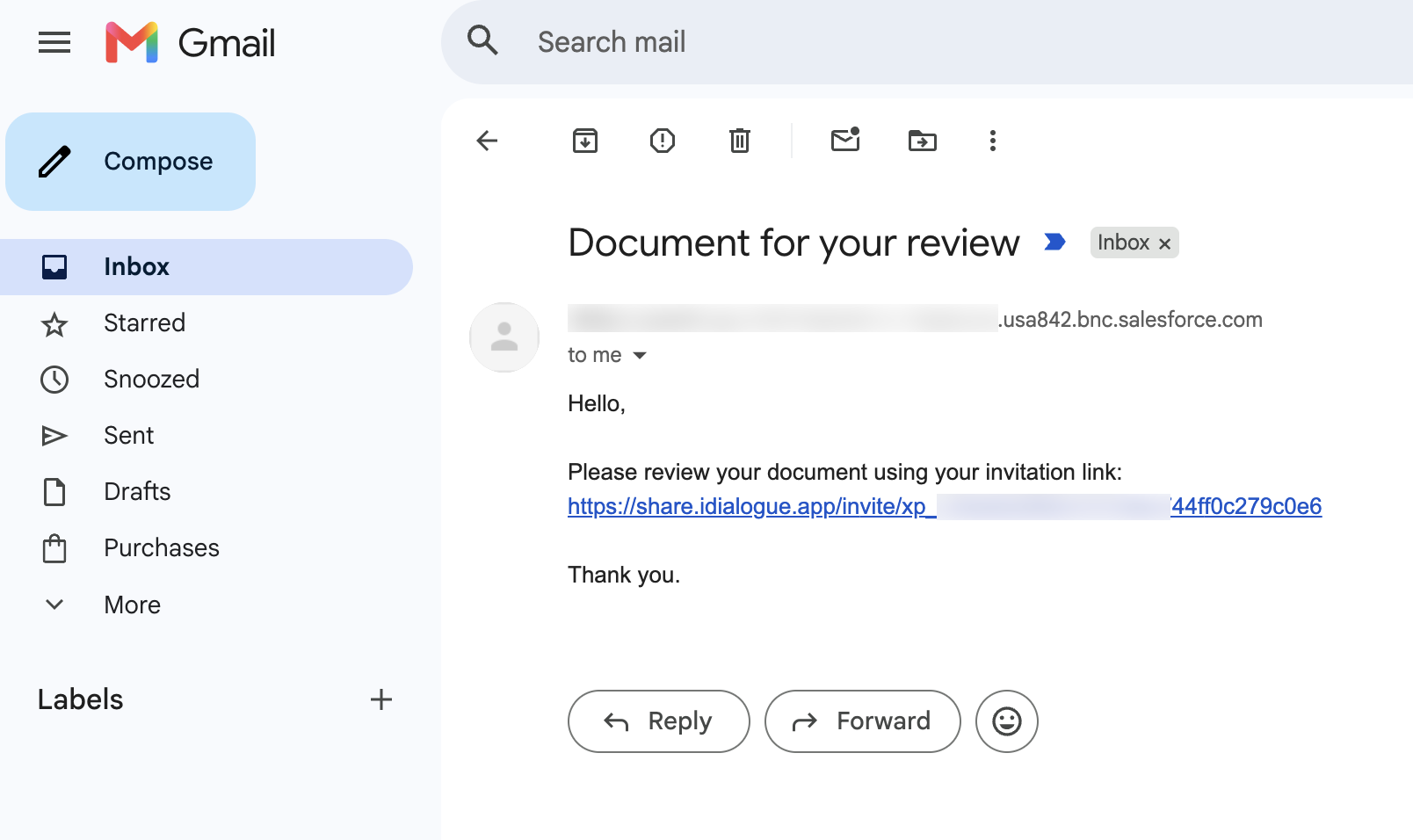 Invitation email with the Contact's quote review and signature link