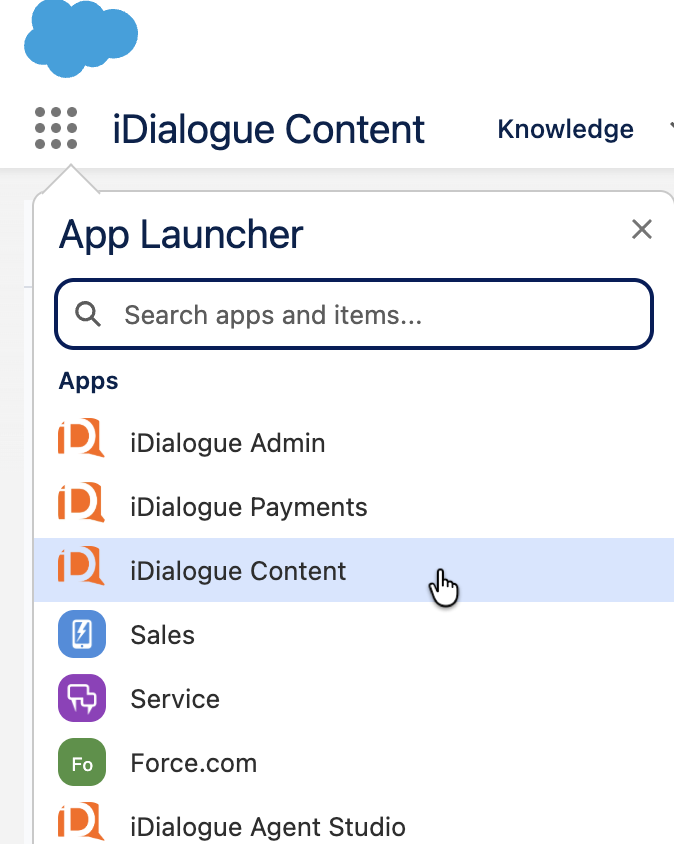 Salesforce App Launcher with iDialogue Content selected