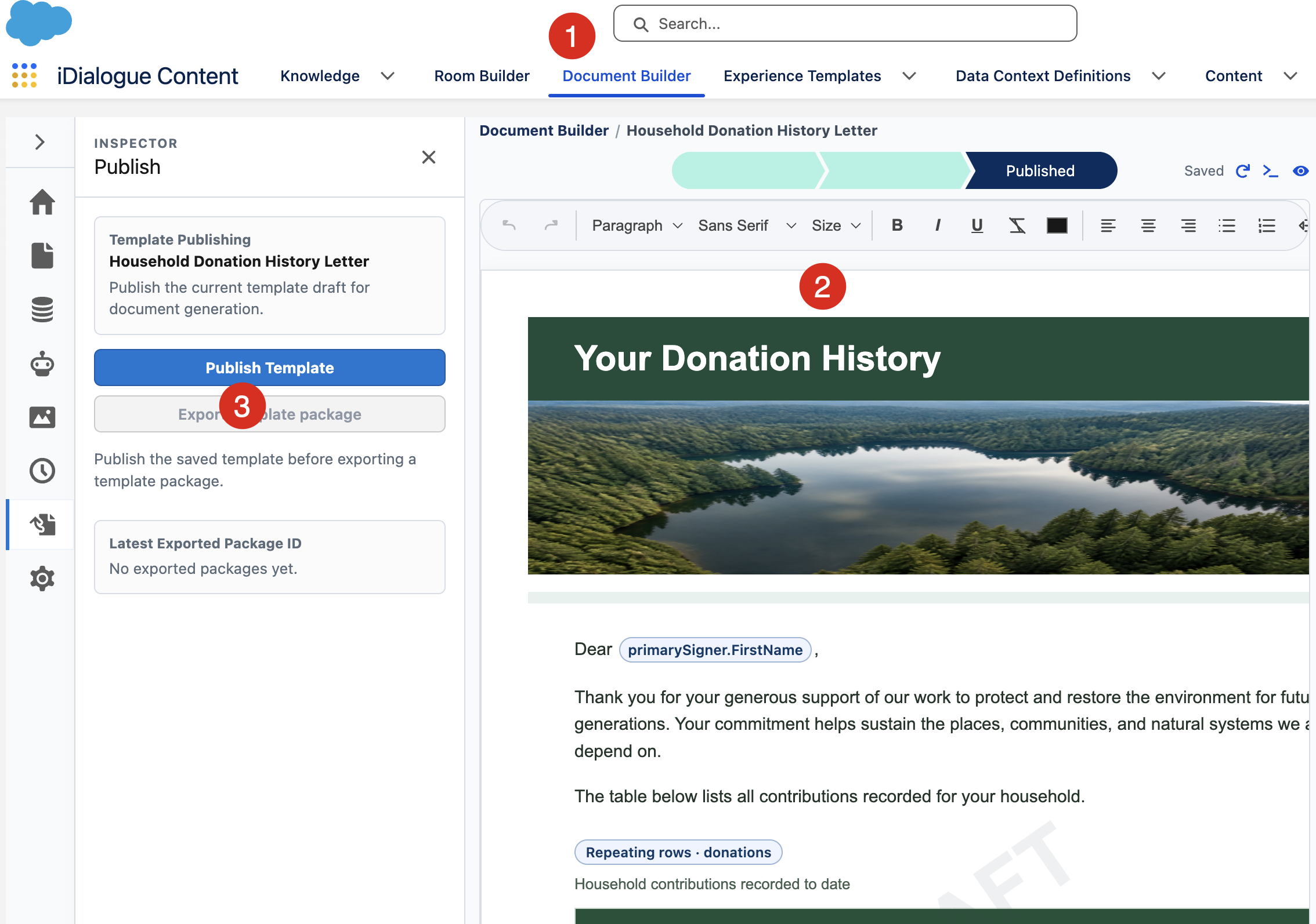 Document Builder with the template editor, Publish Template button, and Published stage