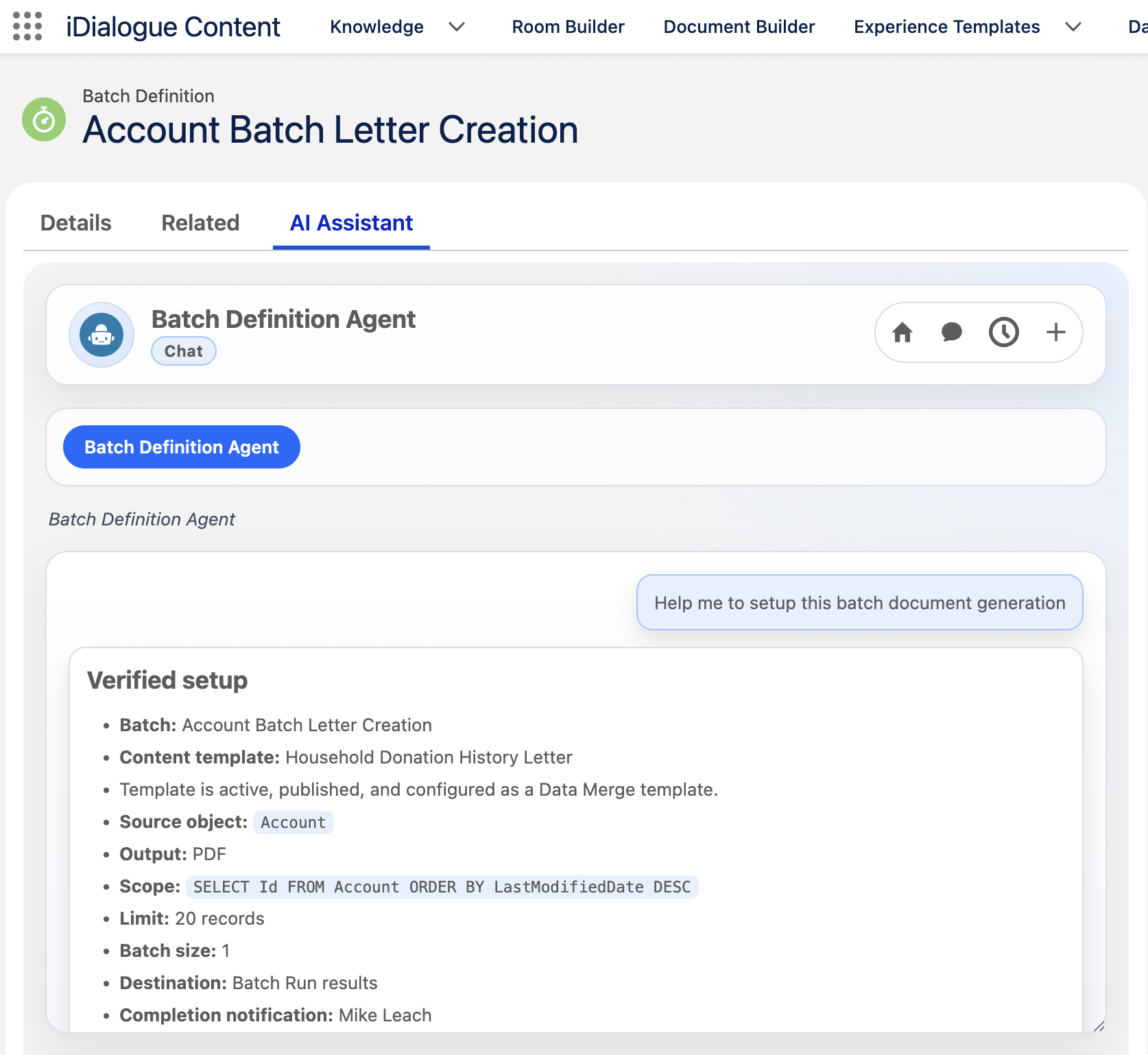 AI Assistant tab with the Batch Definition Agent and a review of the batch settings