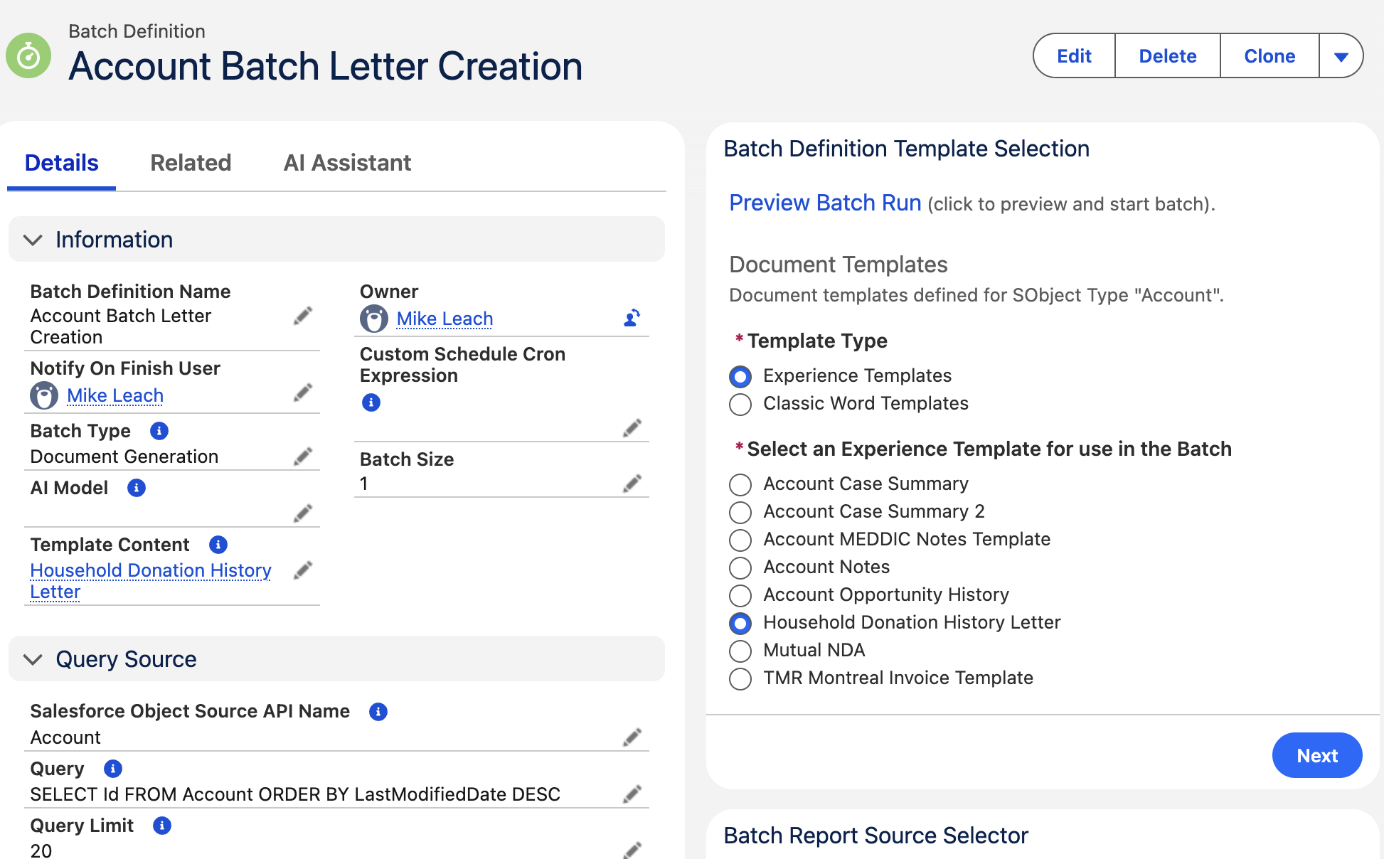 Batch Definition details beside Experience Templates, the selected template, and the Next button