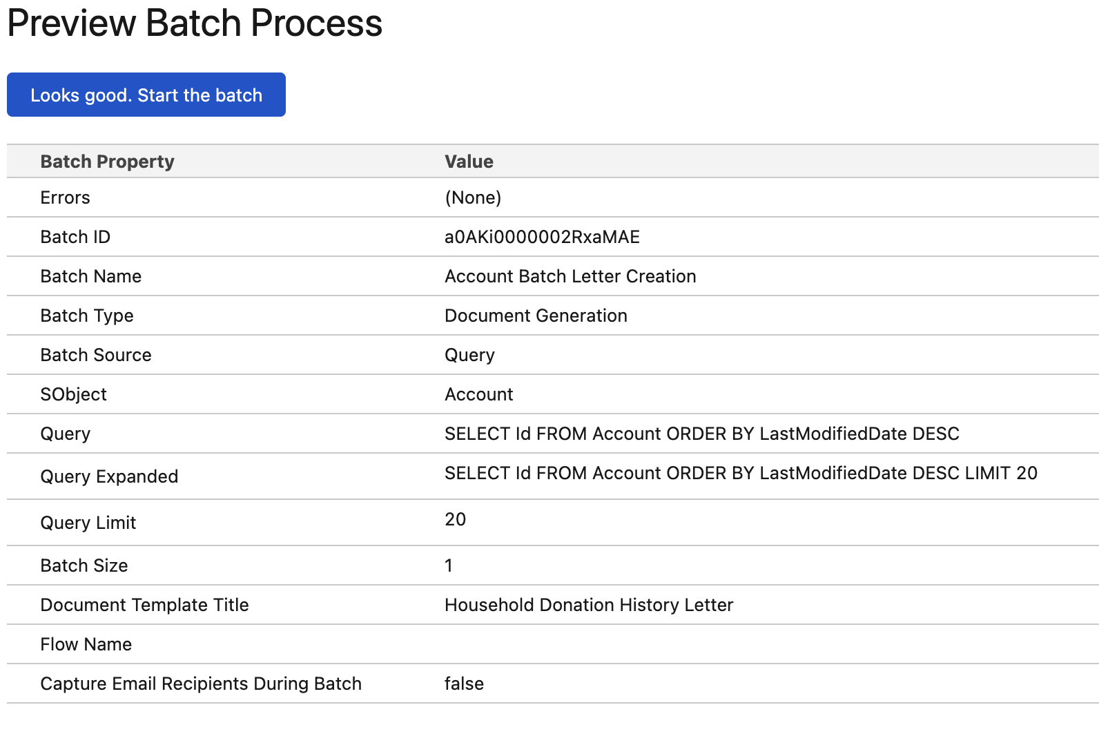 Preview Batch Process with Errors set to None, the batch settings, and the start button