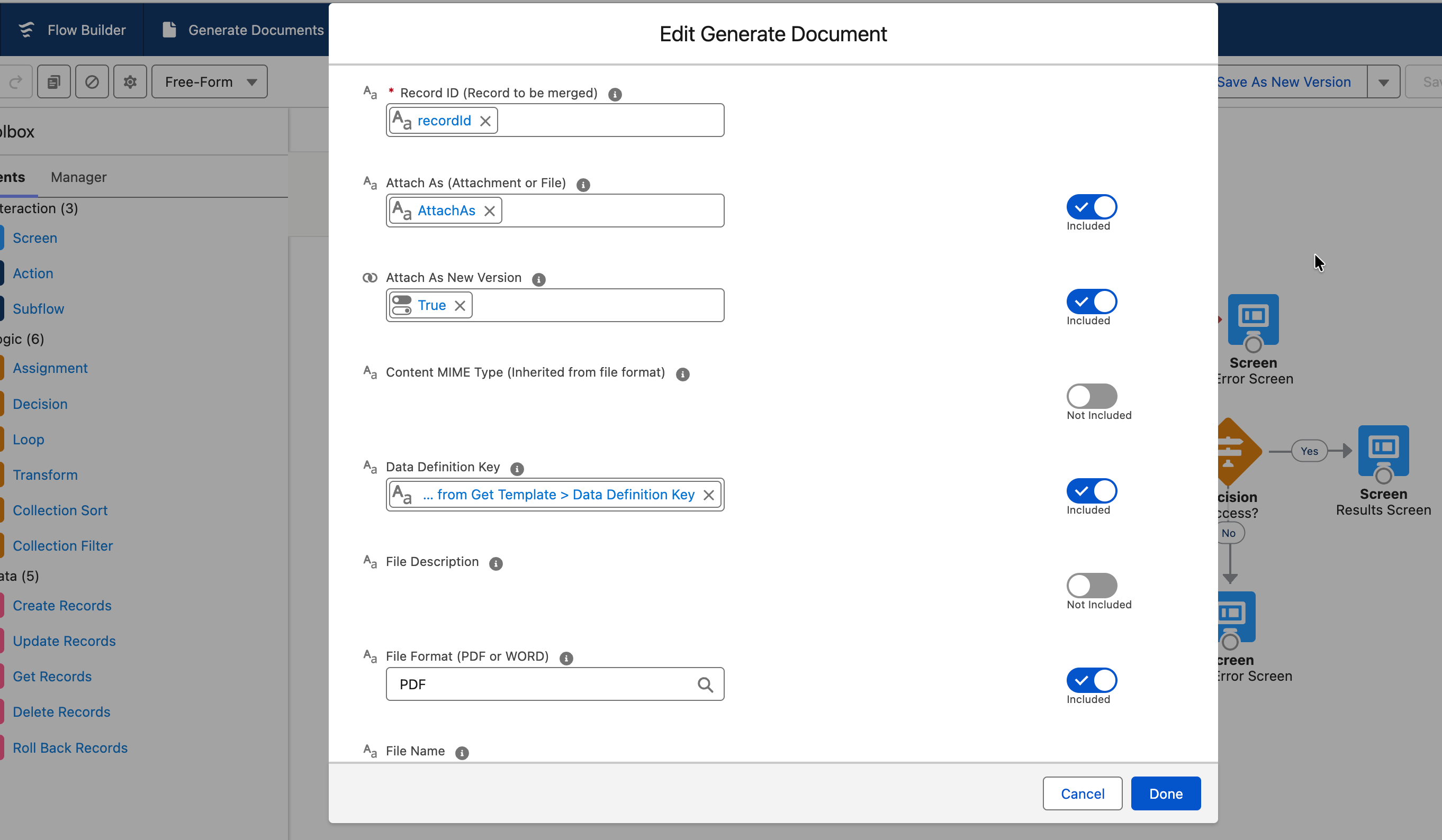 Salesforce Flow Builder Generate Document action configured with a template ID and Data Definition Key