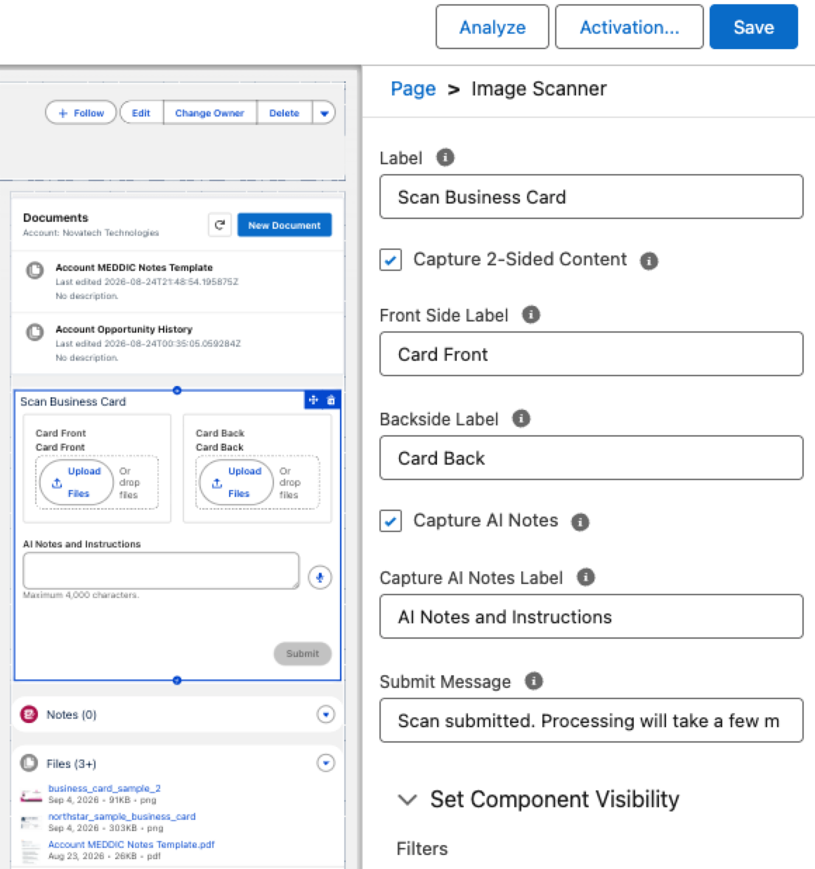 Lightning App Builder showing Image Scanner configured for two-sided business card capture