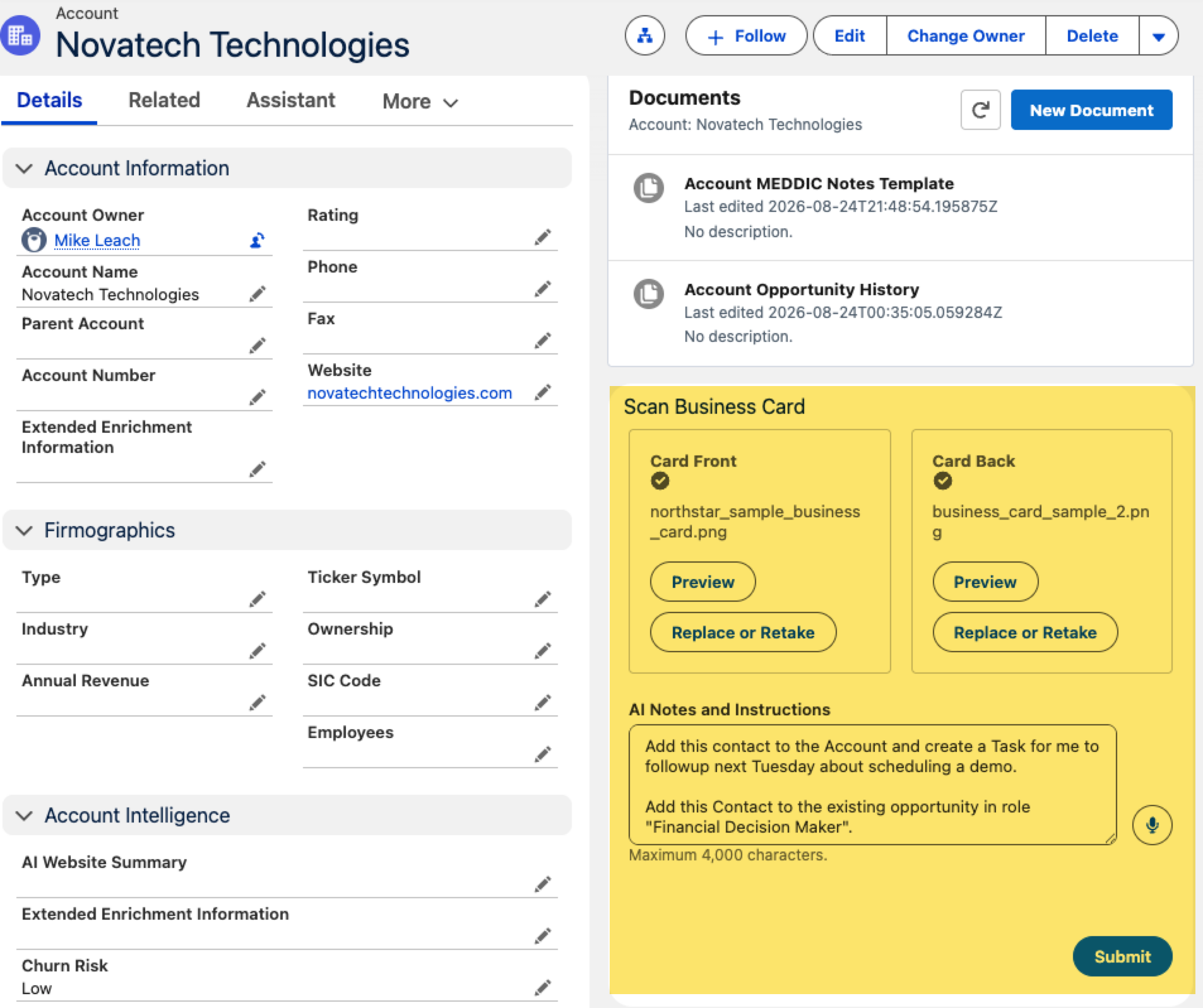 Account record page showing uploaded Front and Back business card images and AI Notes