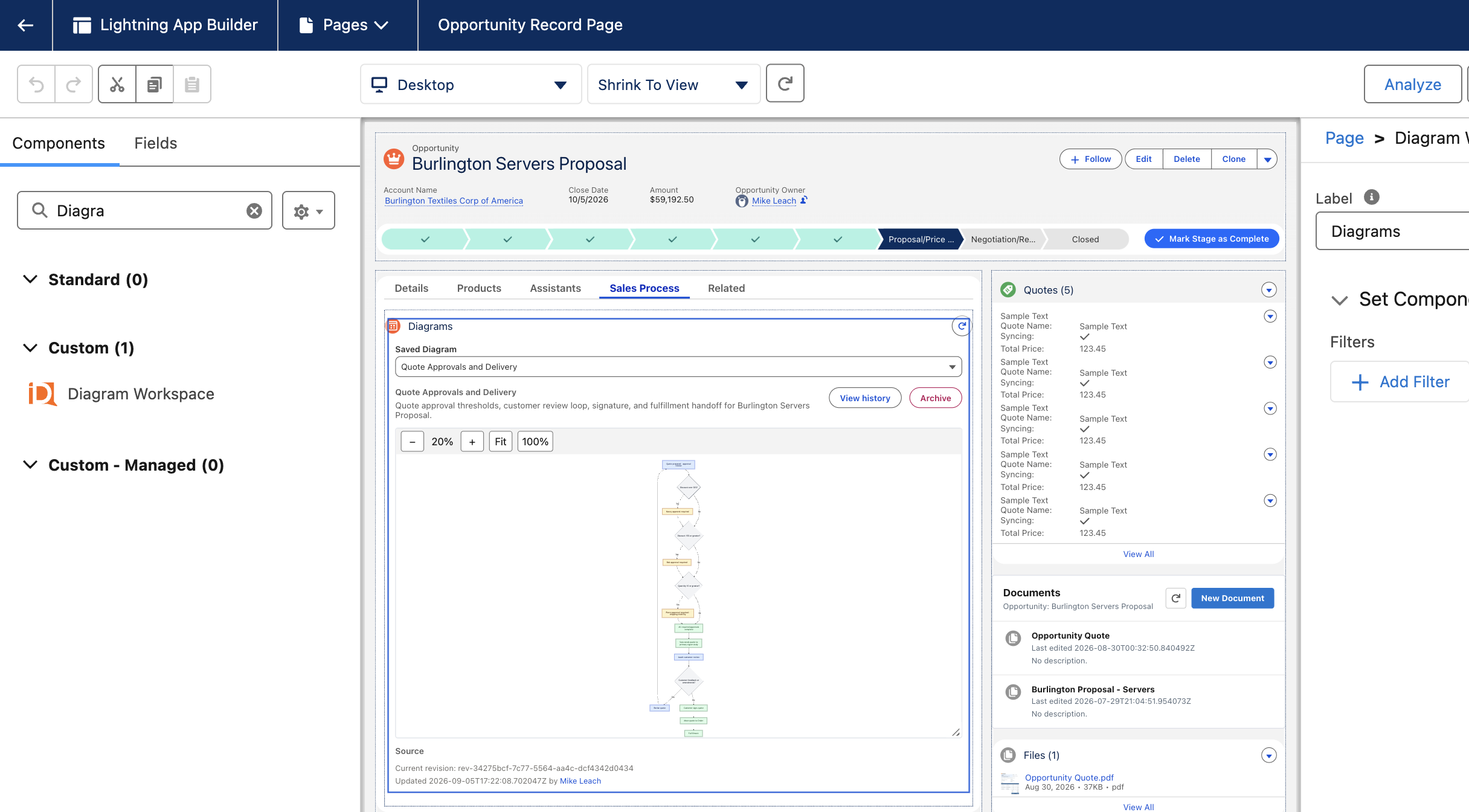 Lightning App Builder with Diagram Workspace selected and the Label and component visibility settings open