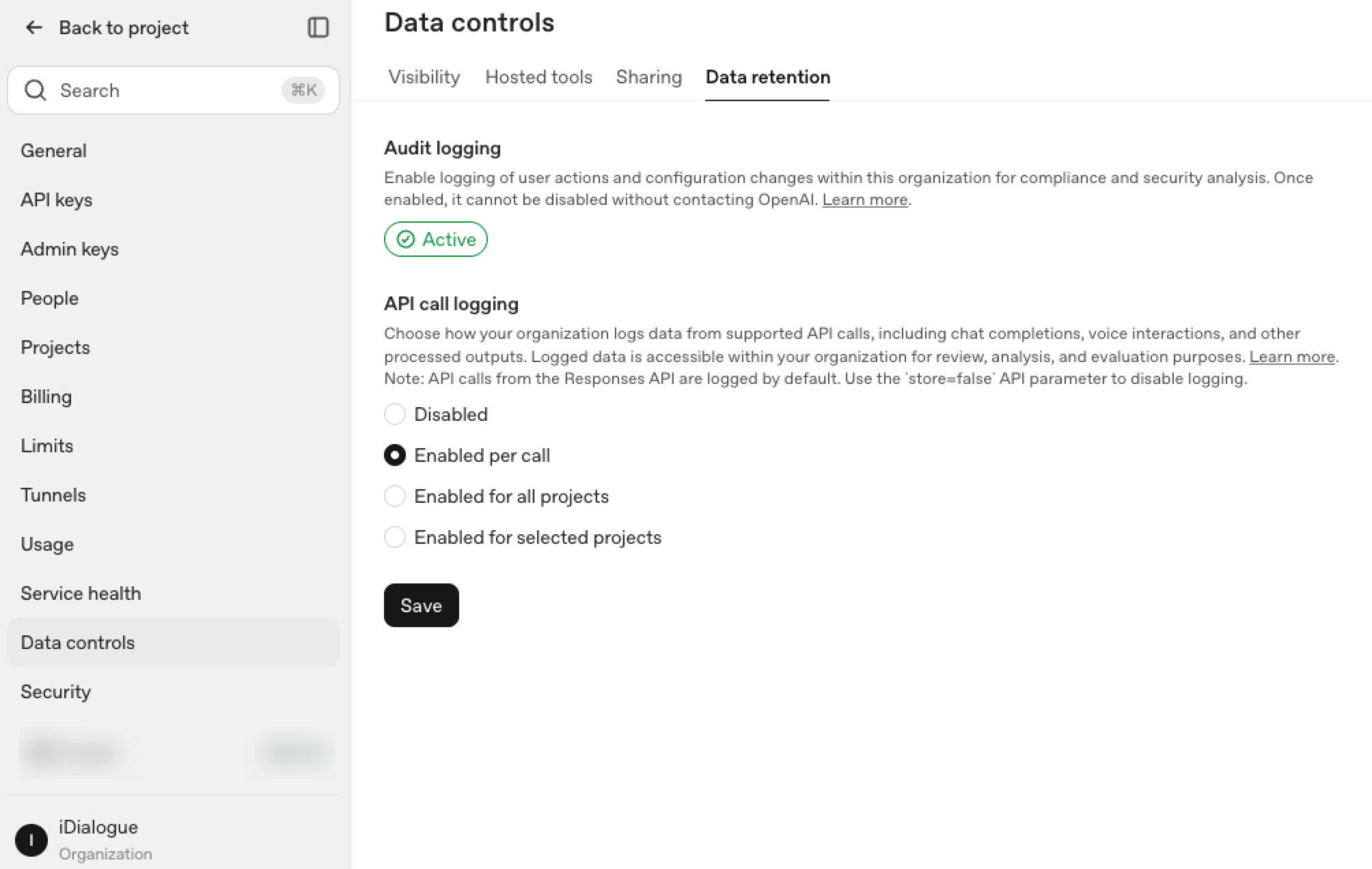 OpenAI platform Data controls page showing audit logging active and API call logging enabled per call for the iDialogue organization on August 10, 2026.
