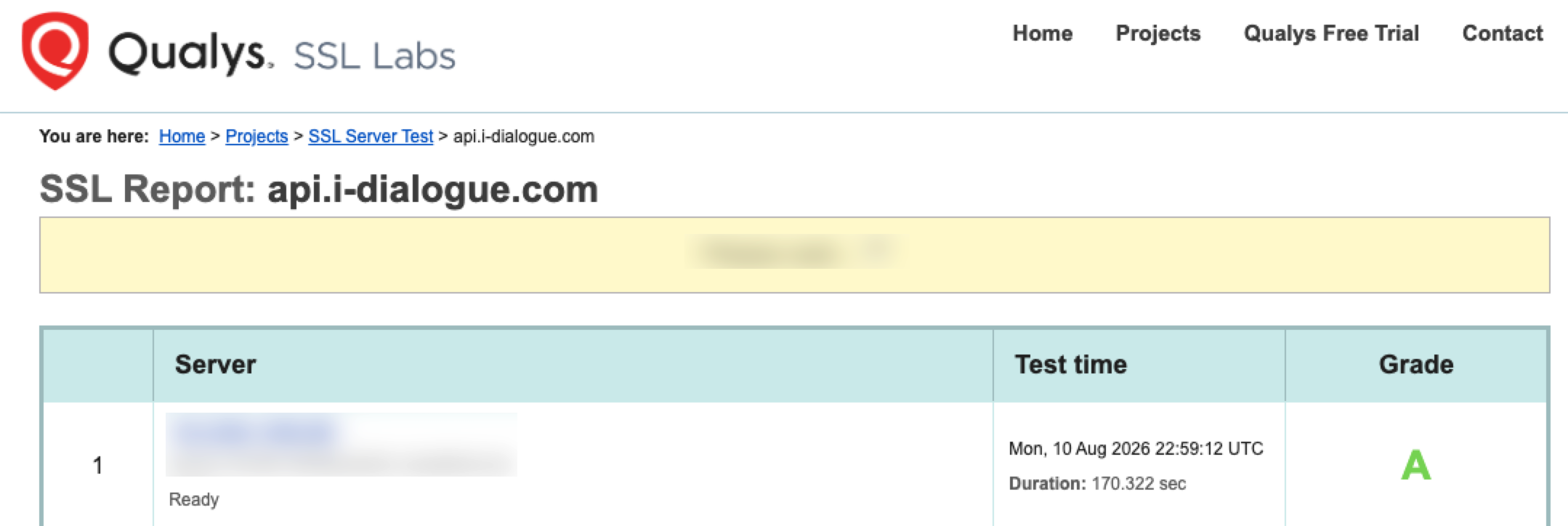 Qualys SSL Labs result for api.i-dialogue.com showing a grade A on August 10, 2026.