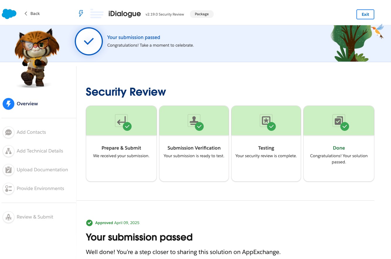 Salesforce AppExchange Security Review portal showing that the displayed iDialogue version 2.19.0 managed package submission passed and was approved April 9, 2025.