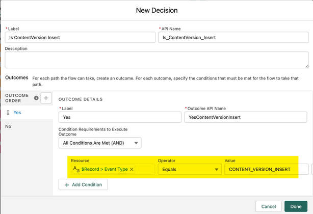 Add conditional branch decisions to check for ContentVersion Insert and Update events